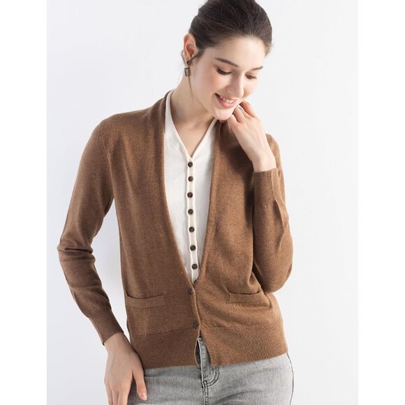 Women's Merino Wool Sweater Fake Two-Piece Cardigan Fall Winter V-Neck - Picture 3 of 6